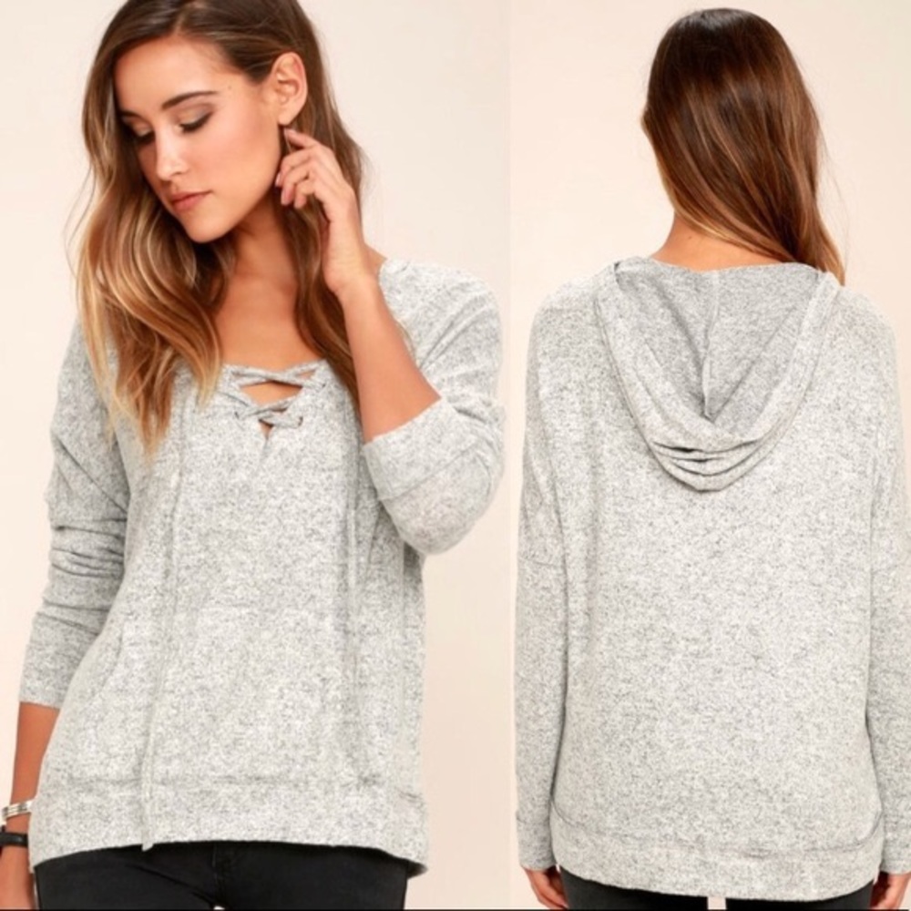 Lulus Heather Grey Lace Up Hoodie Sweater